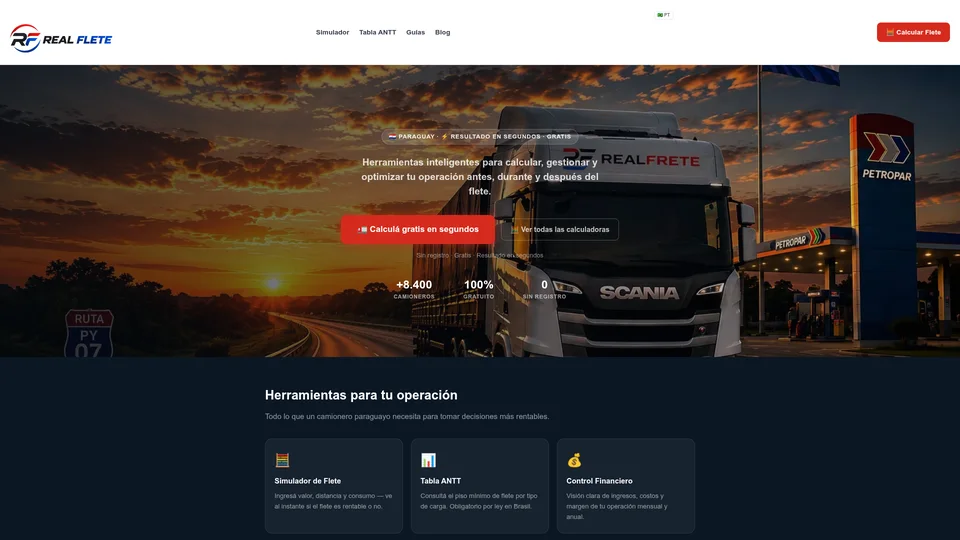 Captura de RealFrete, plataforma de cálculos y gestión para transportistas de Paraguay, desarrollada por Lapacho